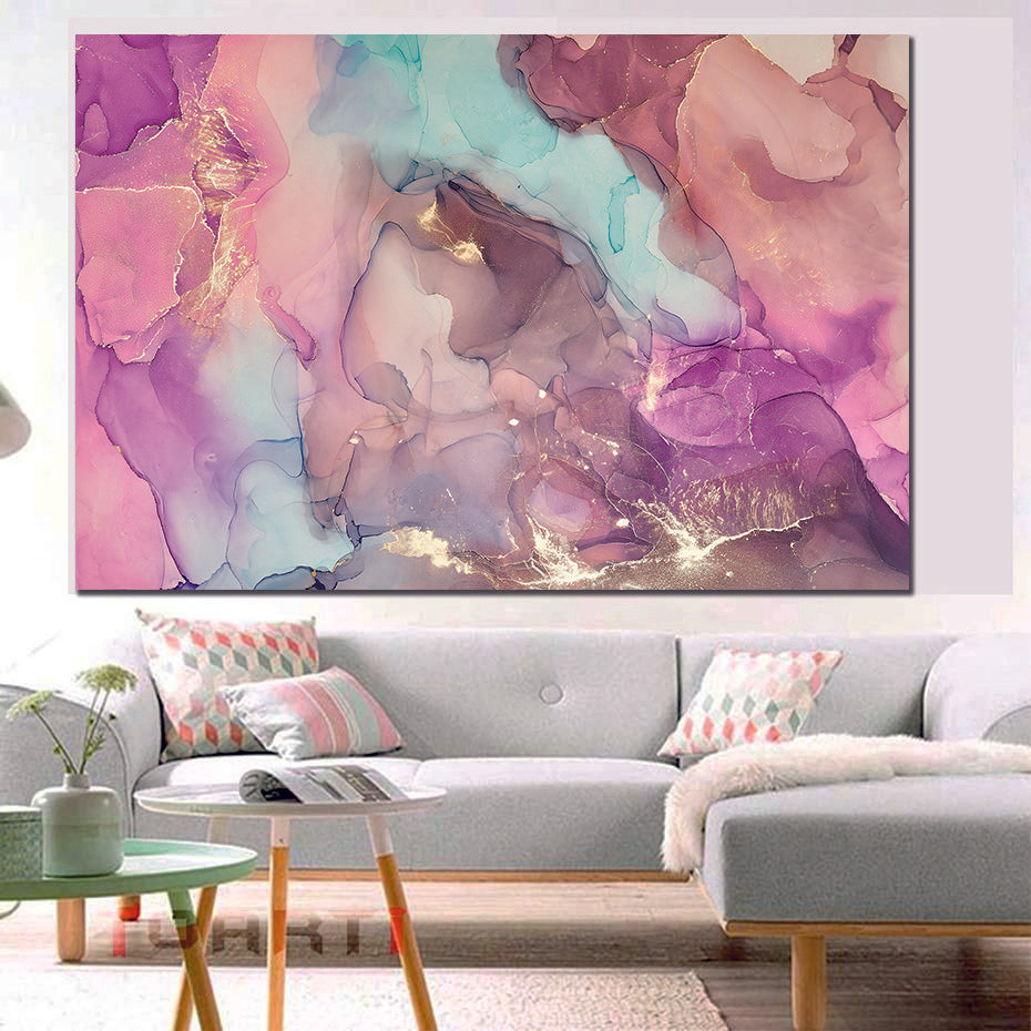 Abstract Ink Blue Brown Purple Liquid Marble Canvas Print Wall Art
