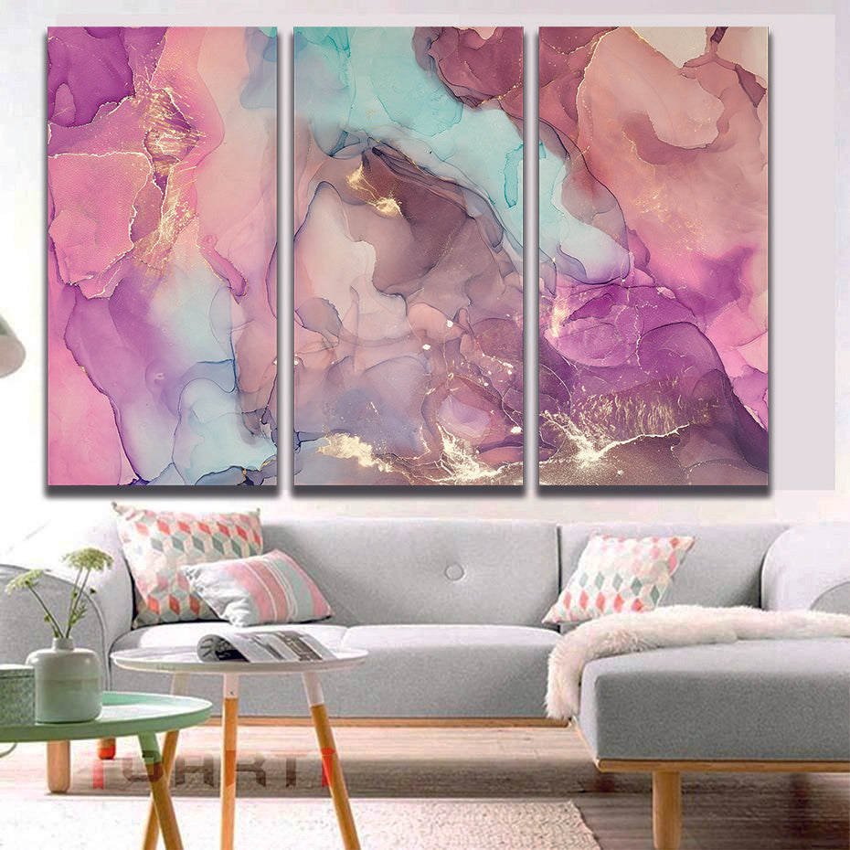 Abstract Ink Blue Brown Purple Liquid Marble Canvas Print Wall Art