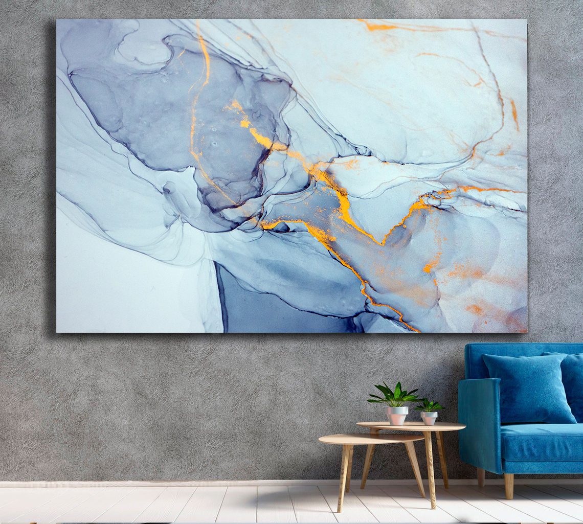 Marble Abstract Ink Blue Gold Liquid Marble Canvas Print Wall Art