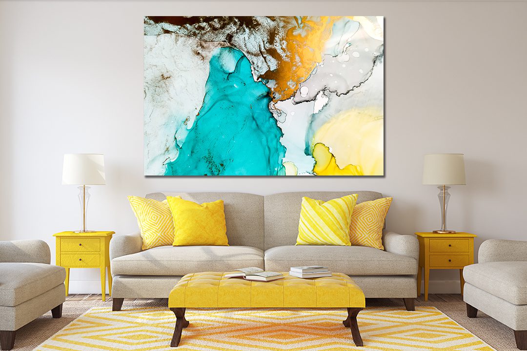 Abstract Ink Blue Gold Yellow White Liquid Marble Canvas Print Wall Art