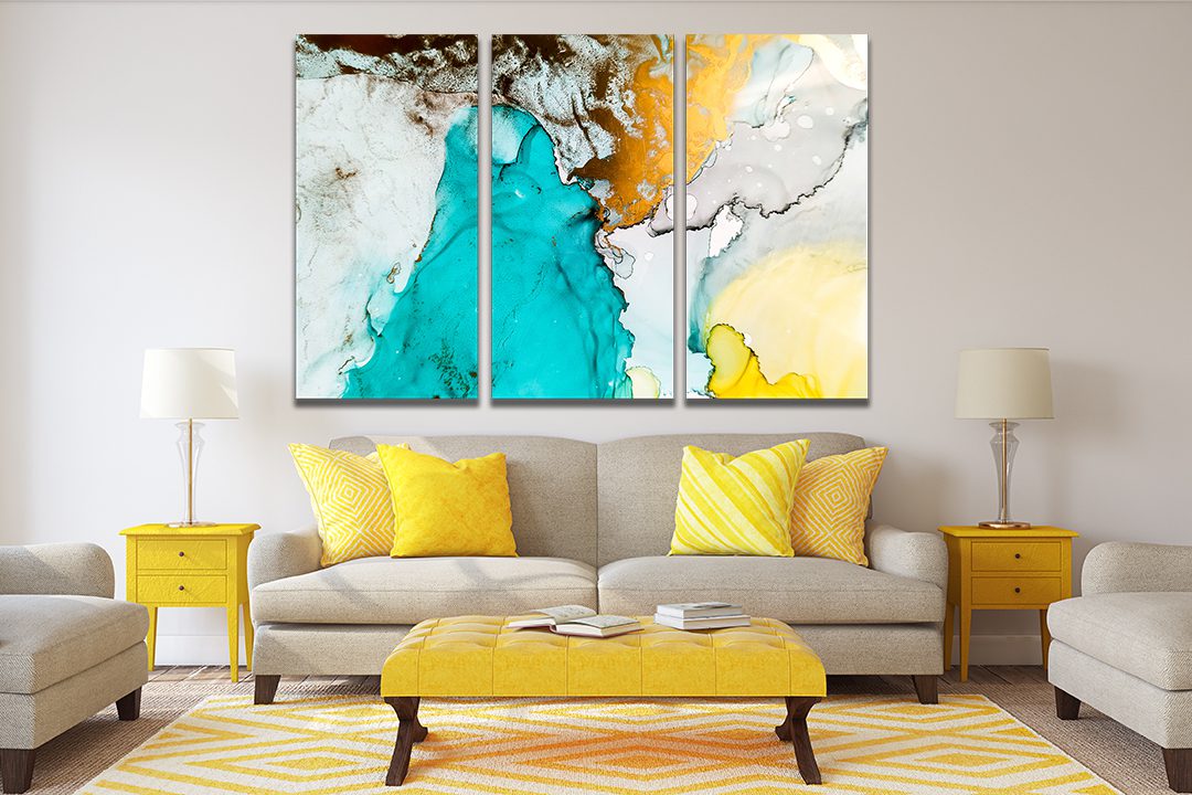 Abstract Ink Blue Gold Yellow White Liquid Marble Canvas Print Wall Art