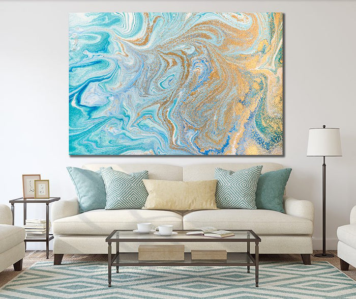 Blue & Gold Canvas Abstract Ink Swirls Wall Art