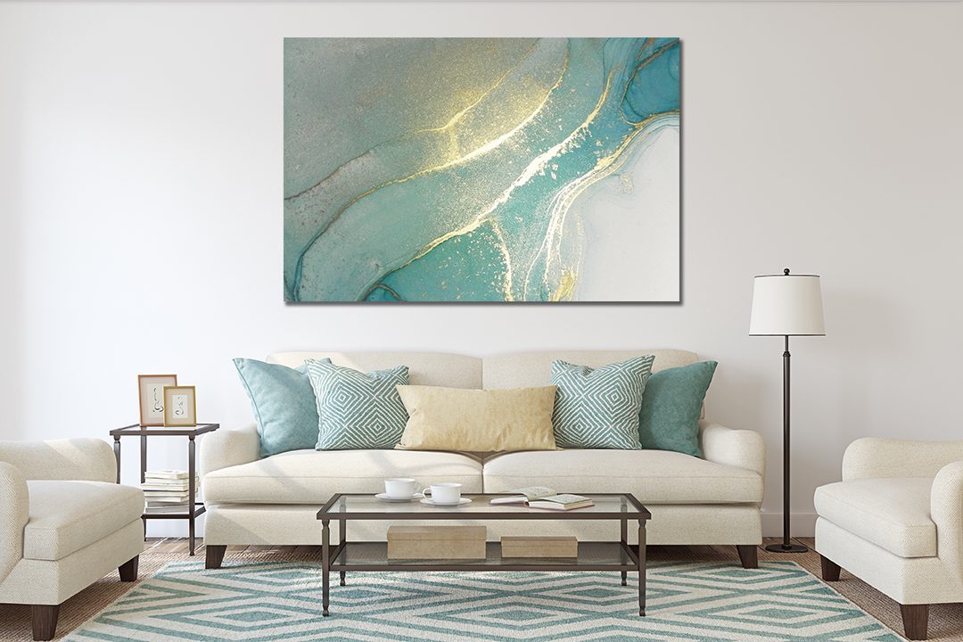 Abstract Ink Gold Blue White Liquid Marble Canvas Print Wall Art