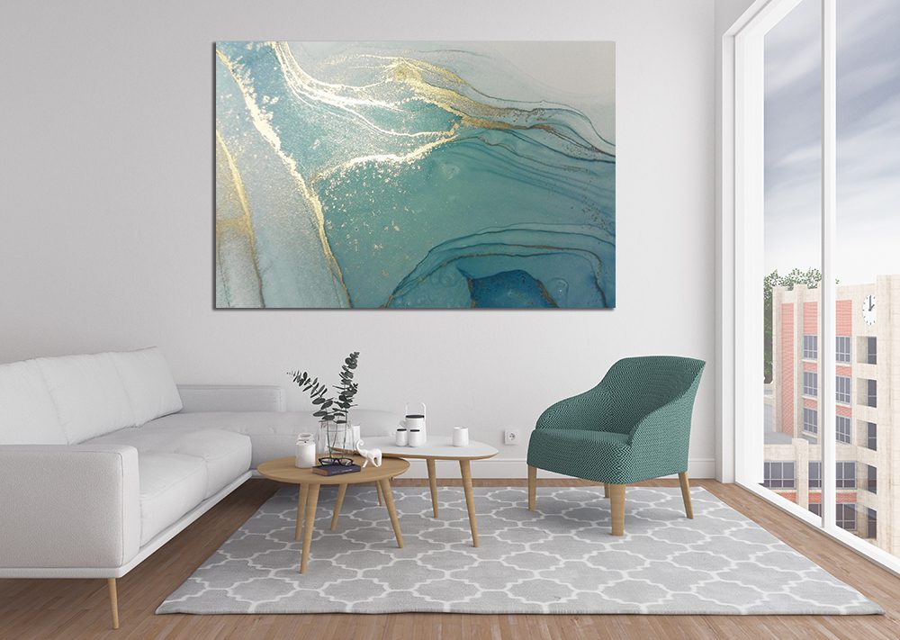 Abstract Ink Gold White Blue Liquid Marble Canvas Print Wall Art