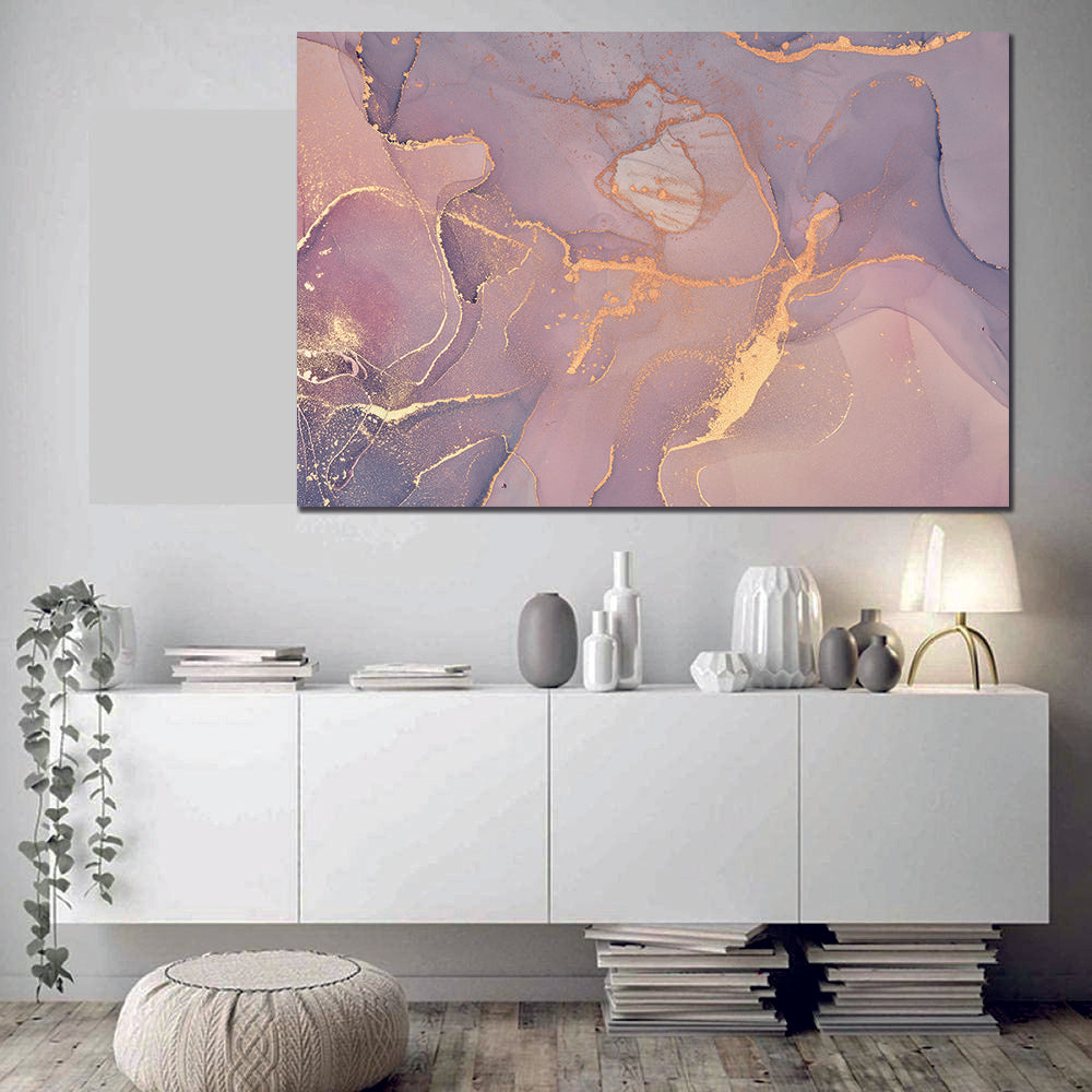Abstract Ink Gold Pink Lilac Liquid Marble Canvas Print Wall Art