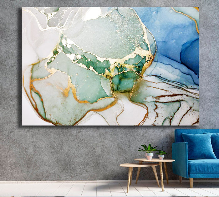 Gold Blue White Abstract Canvas Wall Art Home Decor