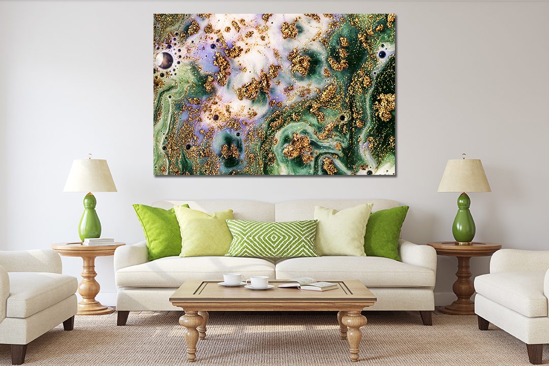 Abstract Ink, Green Liquid marble pattern with bronze powder Liquid Marble Canvas Print Wall Art