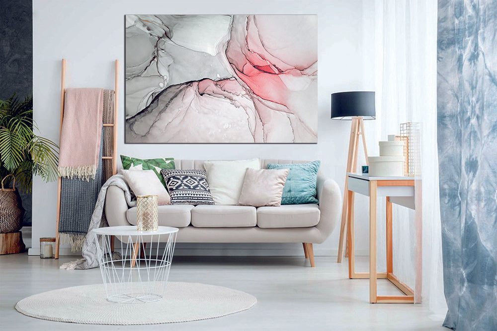 Abstract Ink Grey Pink Liquid Marble Canvas Print Wall Art