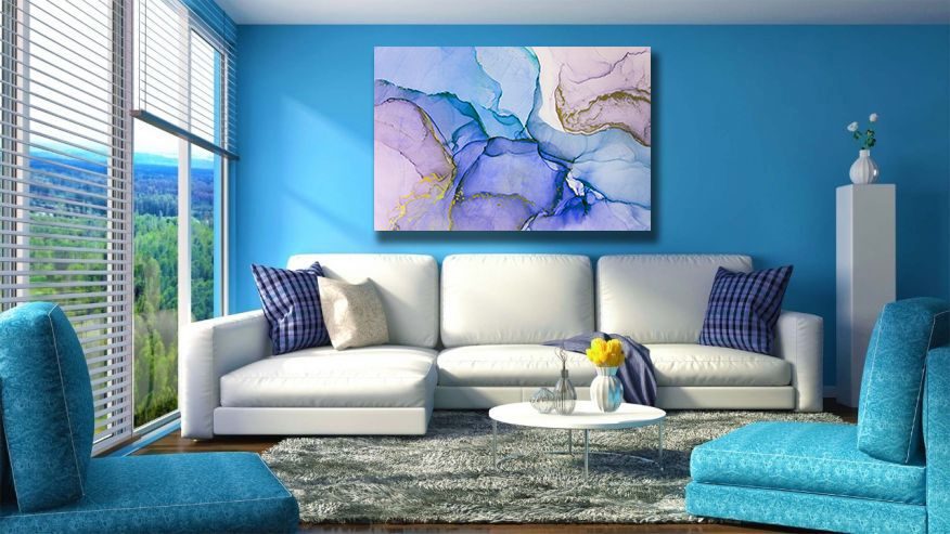Abstract Ink Pink Blue Gold Liquid Marble Canvas Print Wall Art