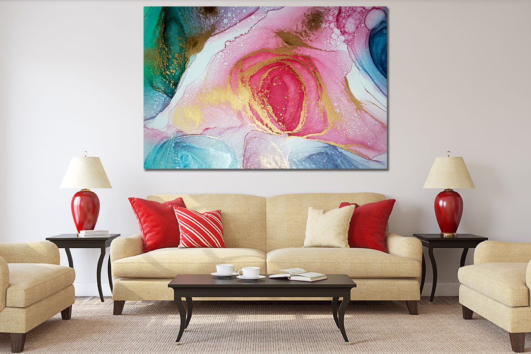 Abstract Ink Pink White Blue Liquid Marble Canvas Print Wall Art