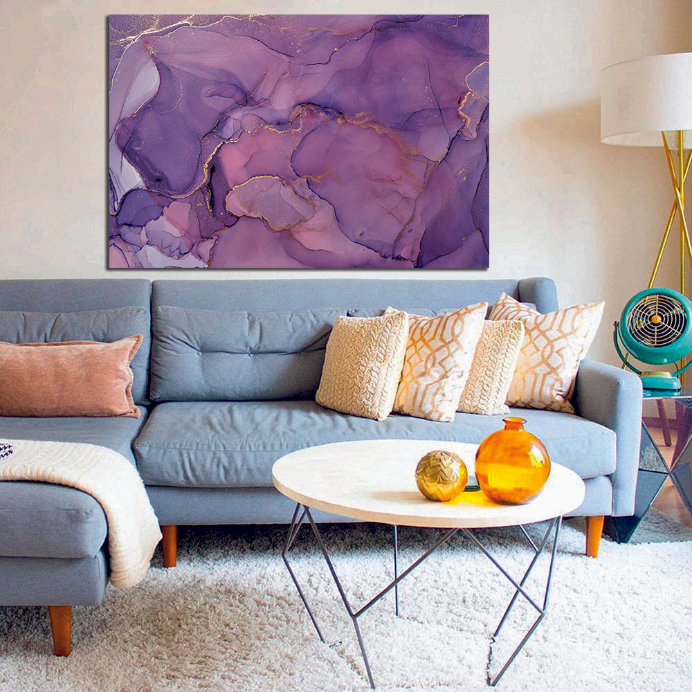 Abstract Ink Colourful Purple Gold Liquid Marble Canvas Print Wall Art