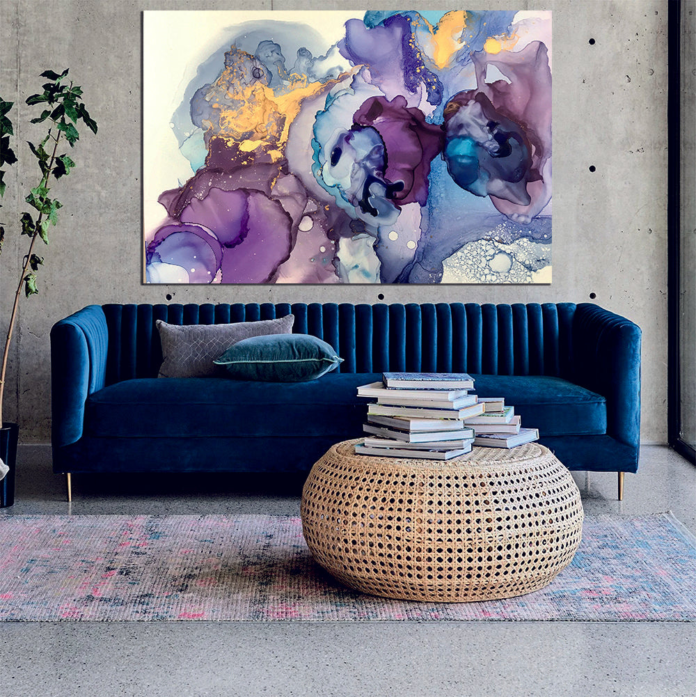 Abstract Ink Pattern Purple Blue White Liquid Marble Canvas Print Wall Art