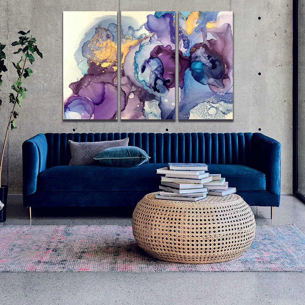 Abstract Ink Pattern Purple Blue White Liquid Marble Canvas Print Wall Art