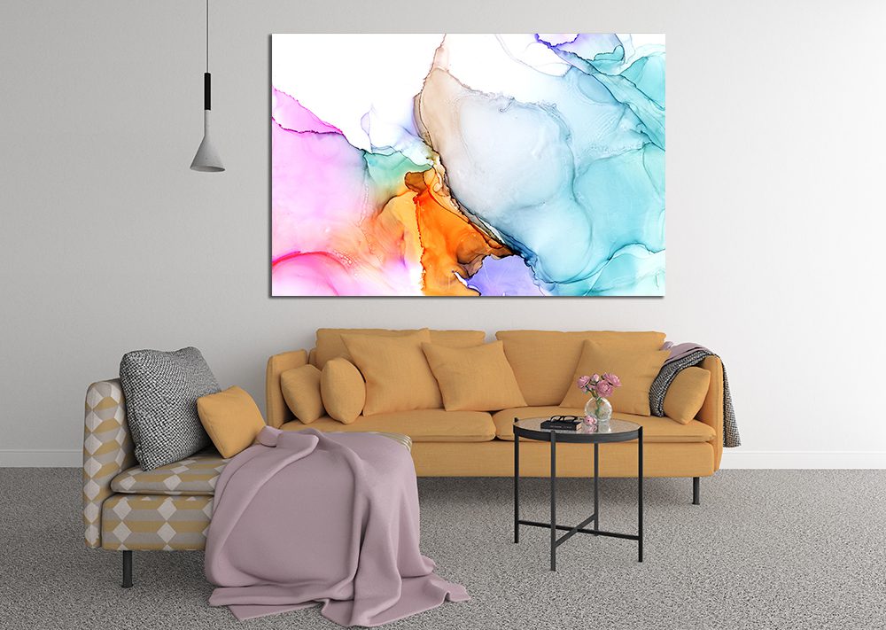 Abstract Ink Black Pink Orange Blue Liquid Marble Canvas Print Wall Art