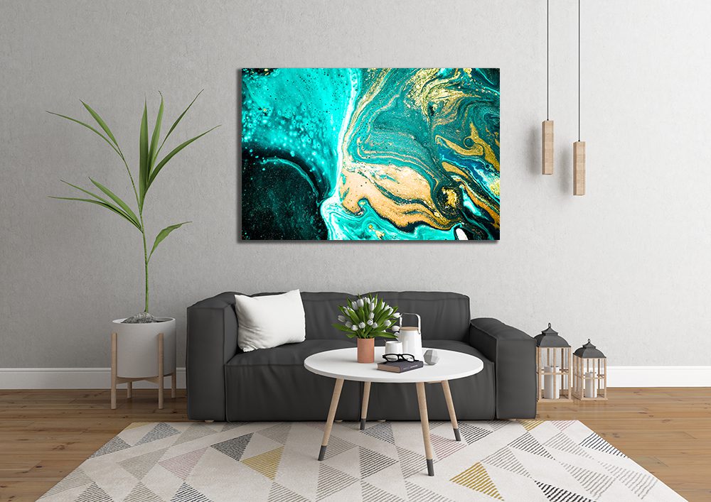 Abstract Ink Turquoise Gold Liquid Marble Canvas Print Wall Art