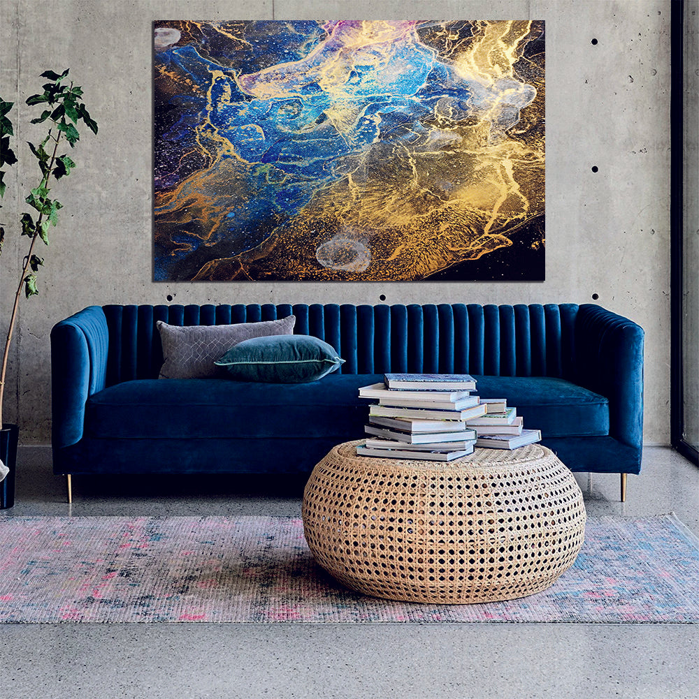 Abstract Light Blue Gold Purple Liquid Marble Canvas Print Wall Art