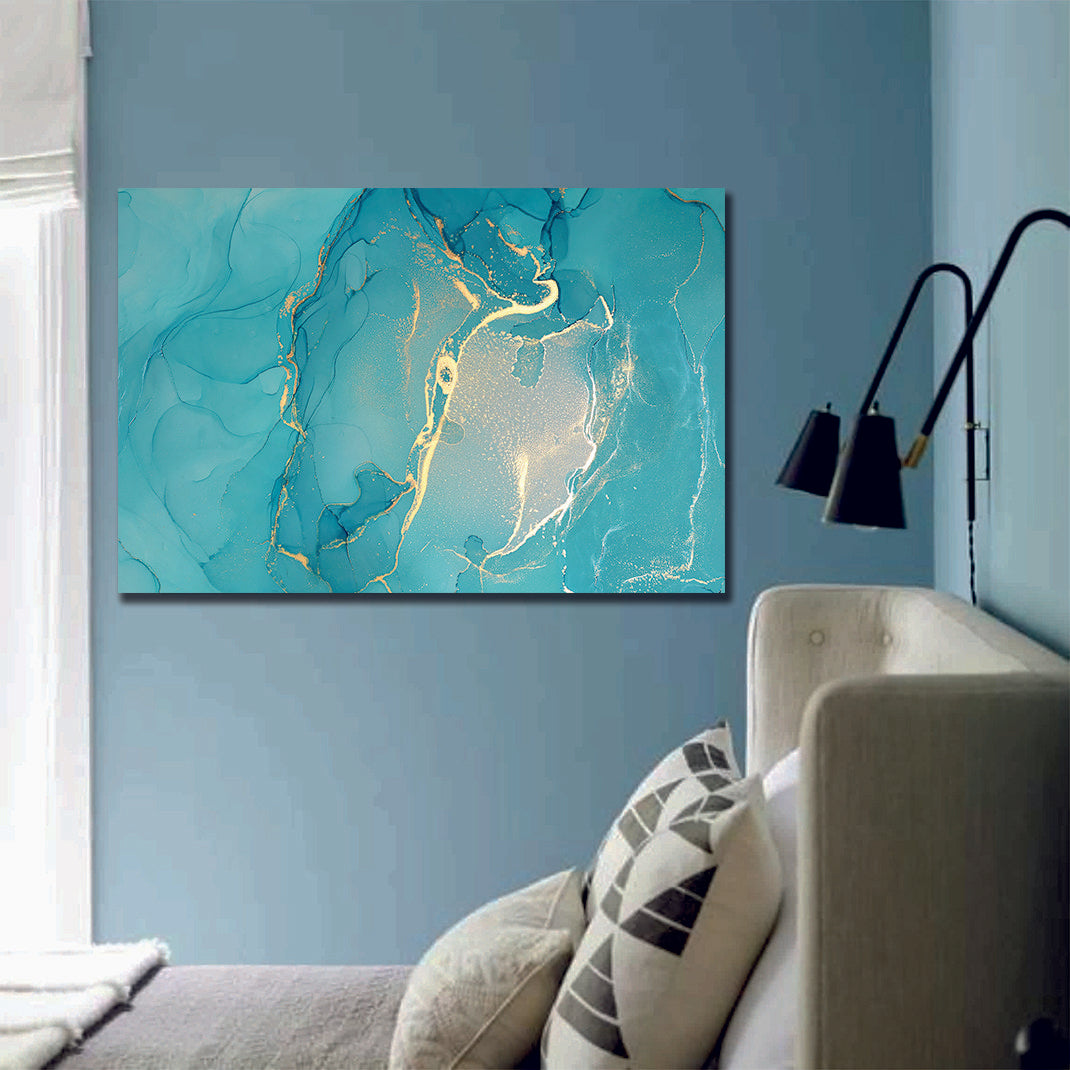 Abstract Marble Gold Blue Liquid Marble Canvas Print Wall Art