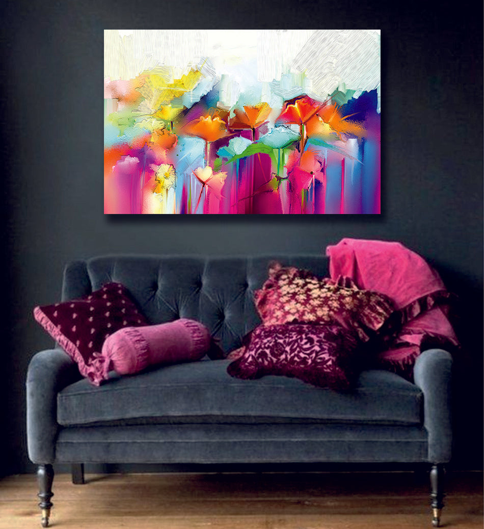 Abstract colourful painting, Image of flowers, in yellow and red with blue colour Liquid Marble Canvas Print Wall Art