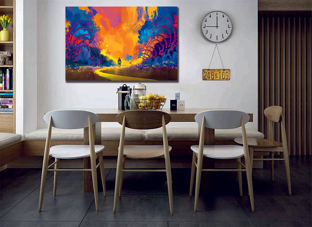 Man walking to abstract colourful landscape, Illustration painting Liquid Marble Canvas Print Wall Art