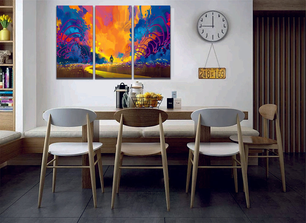 Man Walking Through Abstract Blue Orange Colourful landscape Canvas Print Wall Art