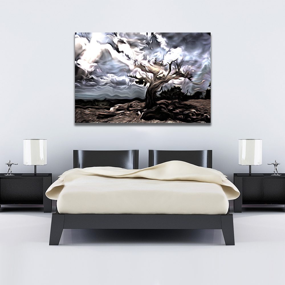 Abstract painting, Old tree stands on a rocky ground. Sunbeams comes through the clouds Liquid Marble Canvas Print Wall Art