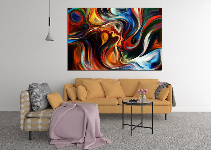 Abstract Painting of male and female face profiles with graceful curves on the subject of relationships, passion, desire and fate Liquid Marble Canvas Print Wall Art