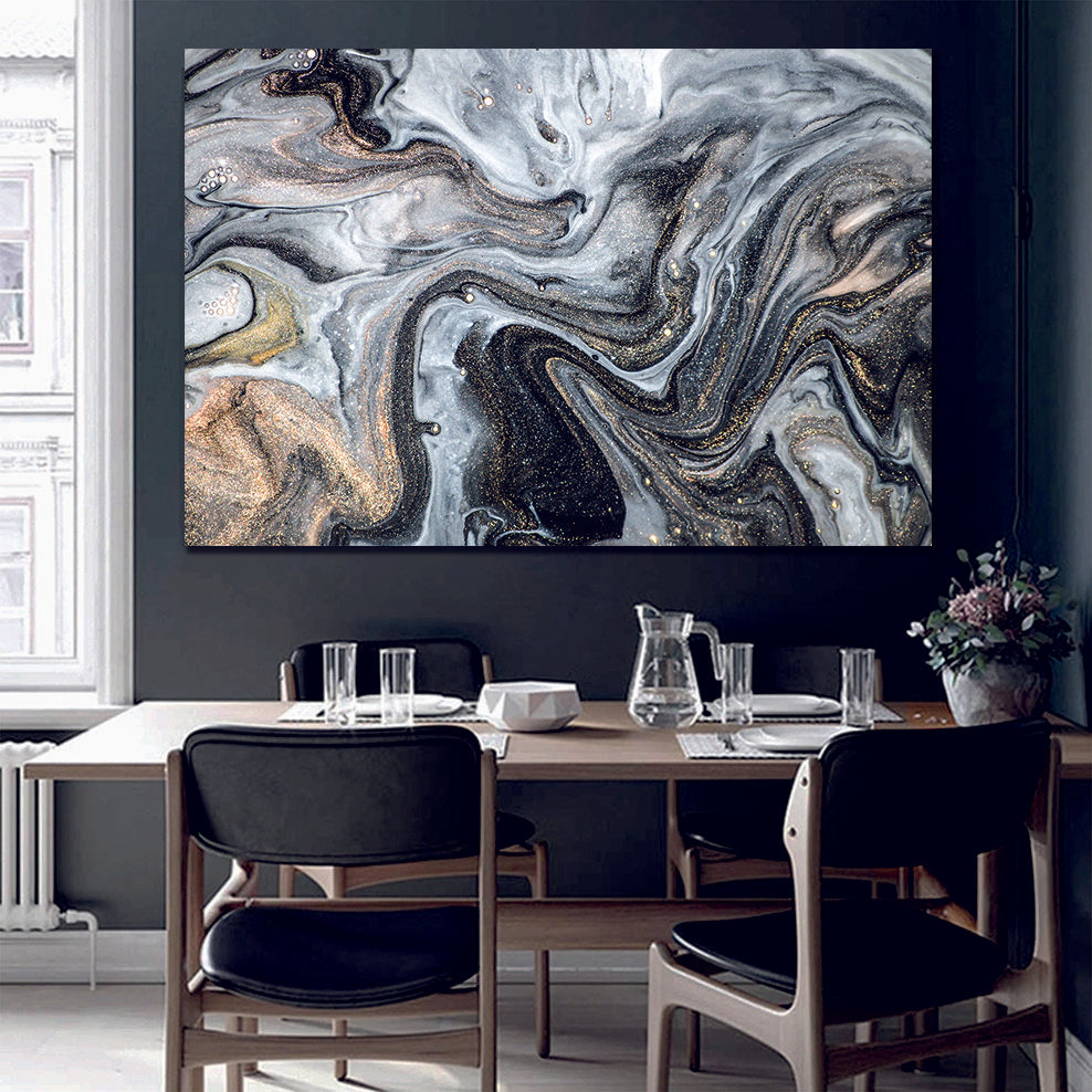 Marble Abstract Ink Black Gold White Liquid Marble Canvas Print Wall Art