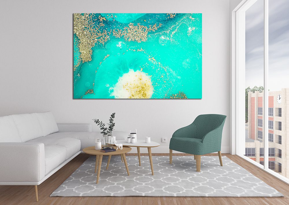 Abstract Sea Gold Blue Liquid Marble Canvas Print Wall Art