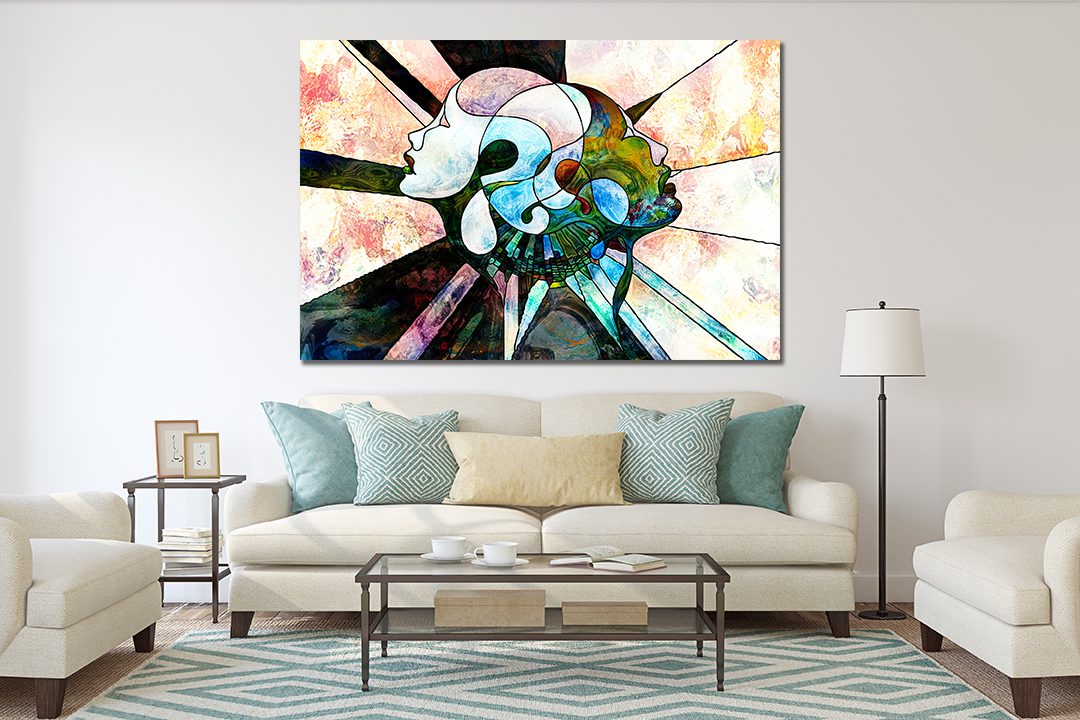 Stained Glass, Interplay of human profiles, abstract organic patterns Liquid Marble Canvas Print Wall Art