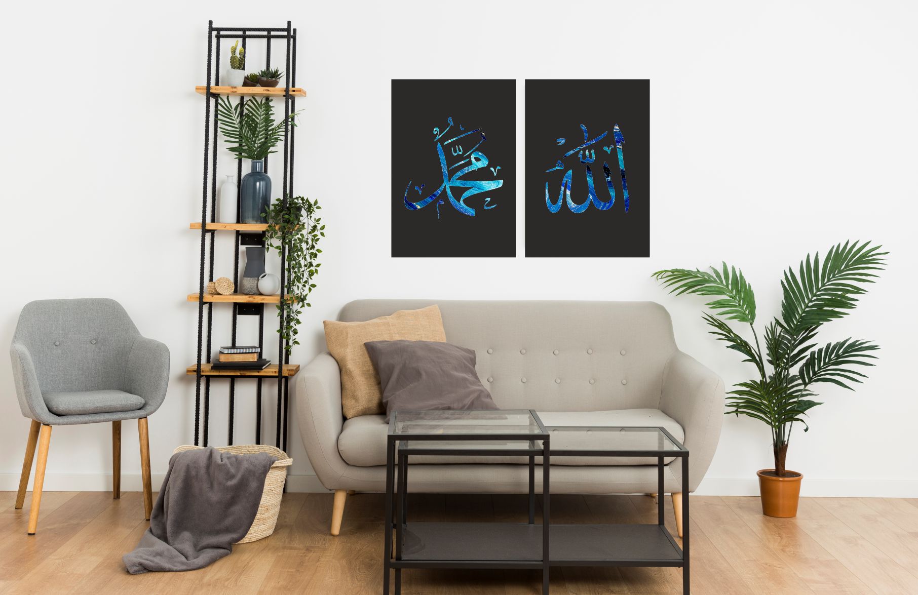 Black Abstract Blue Marble Allah (SWT) Muhammad (PBUH) Set Islamic Printed Canvas Set