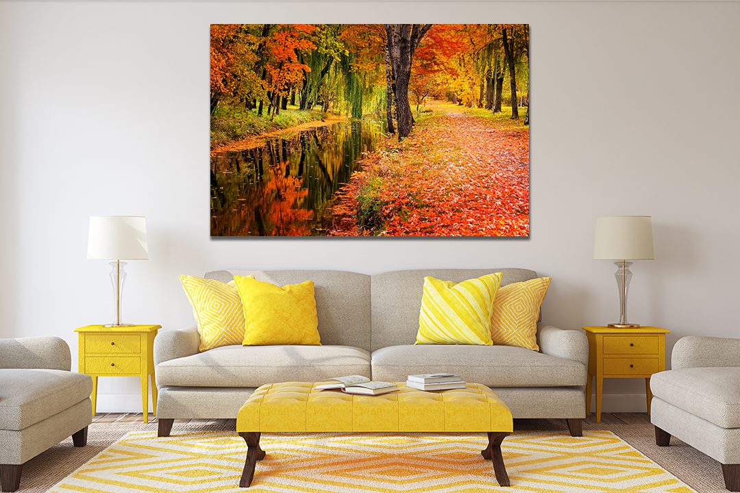 Autumn Scene Path Leaves Stream Canvas Print | Wall Art | My Canvases