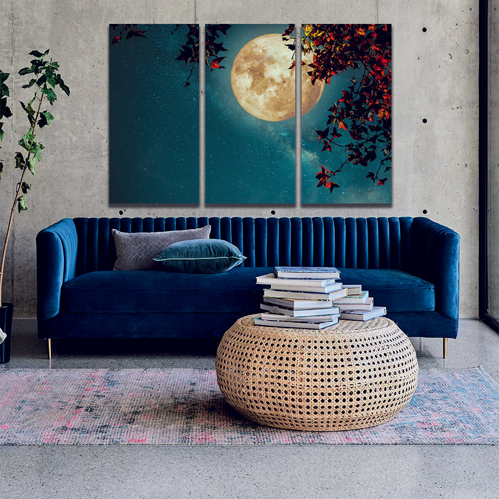 Autumn Maple Tree Full Moon Milky Way Canvas Wall Art