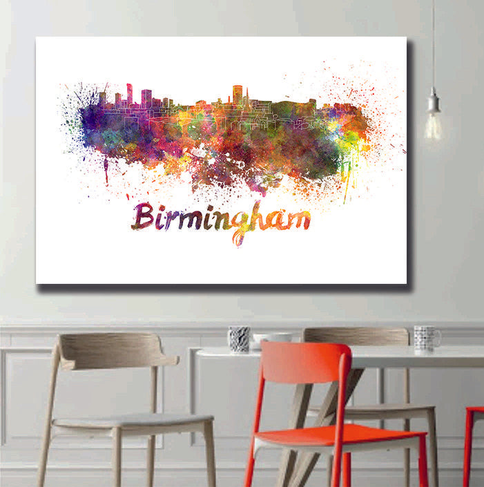 Birmingham Skyline In Watercolour Splatters Abstract Canvas Print