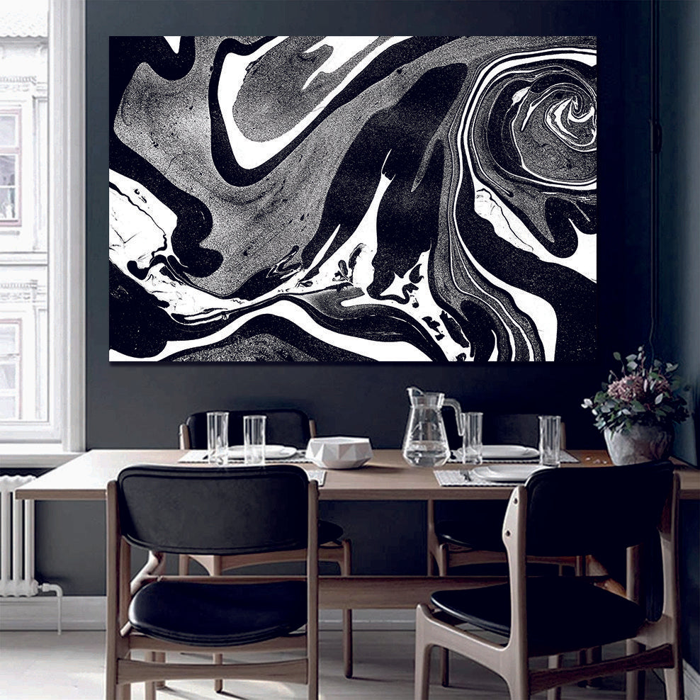 Beautiful Black White Ocean, Abstract Ink Liquid Marble Canvas Print Wall Art