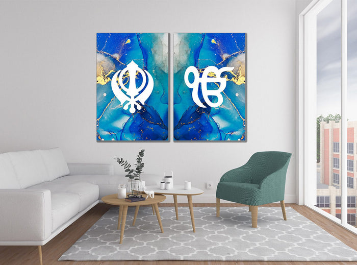 Blue & Gold Marble Sikh Khanda Ek Onkar Canvas Print Wall Art