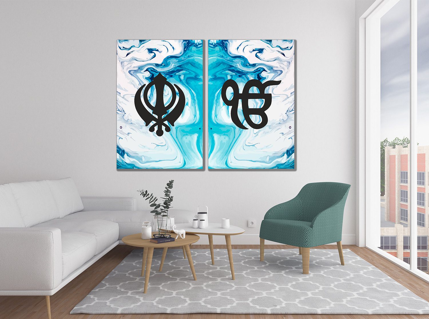 Blue White Marble Sikh Khanda Ek Onkar Canvas Print Wall Art