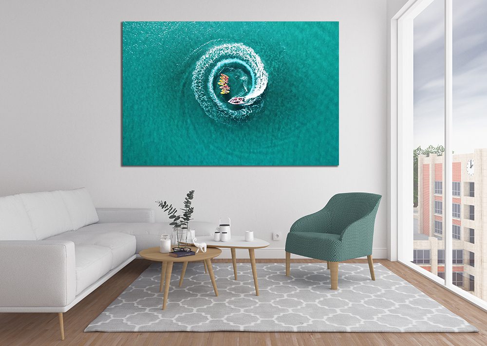 Aerial Speed Boat & Kayak In Ocean Canvas Print Wall Art