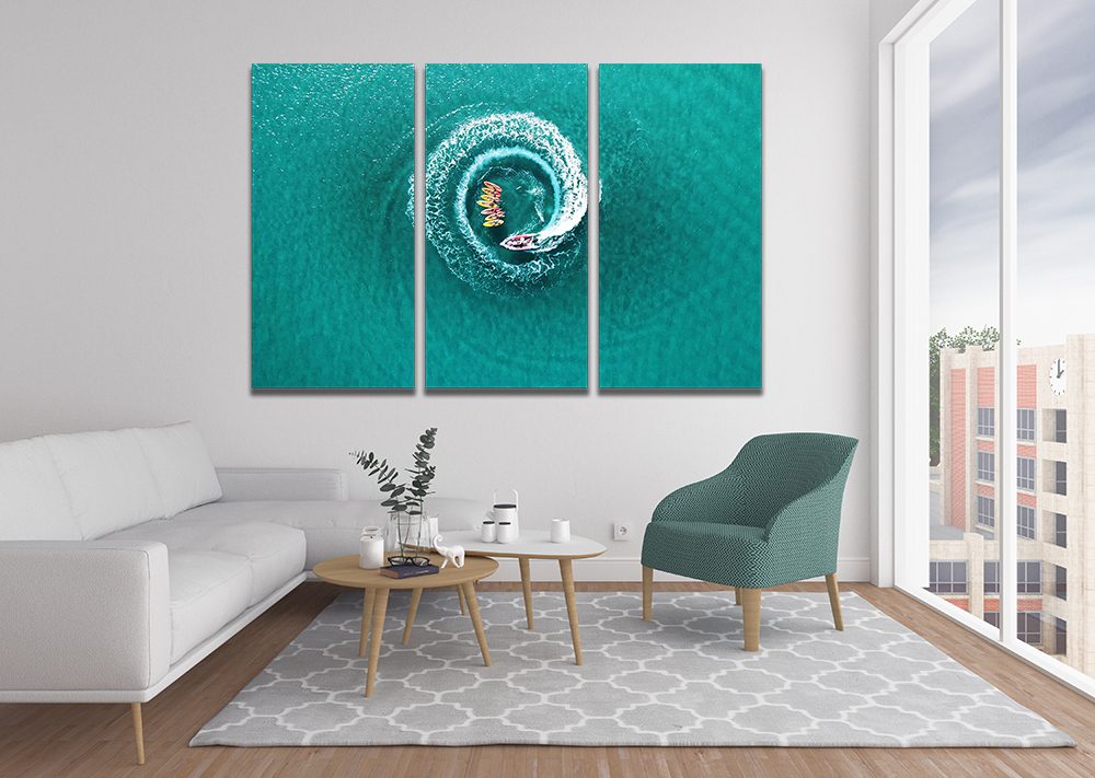 Aerial Speed Boat & Kayak In Ocean Canvas Print Wall Art