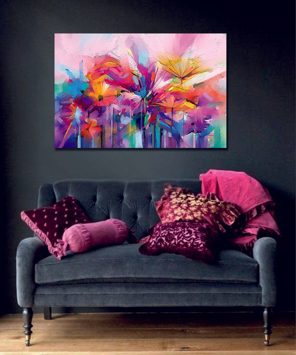 Abstract colorful oil painting, Semi-abstract image of flowers, in yellow and red with blue color Printed Canvas