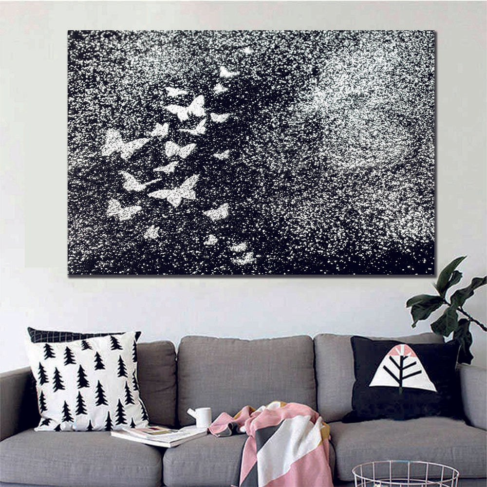 Abstract Flock Butterflies Black White Canvas - Wall Art