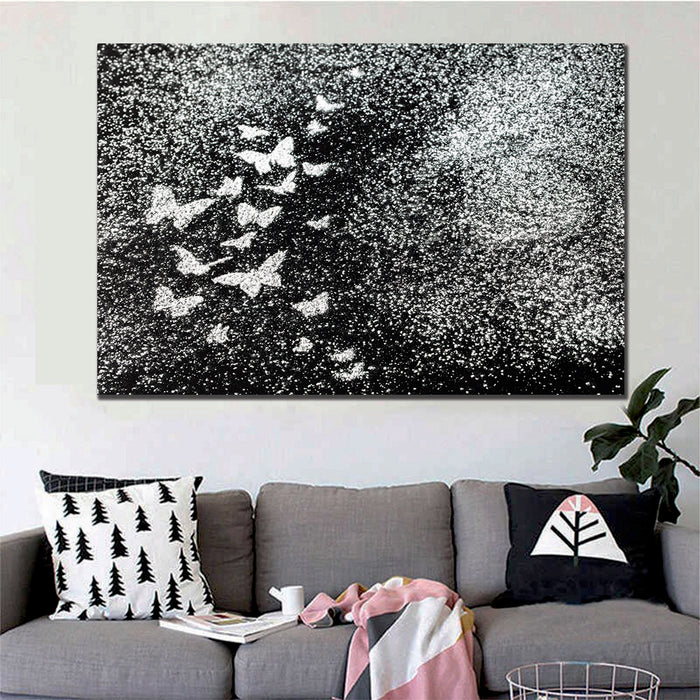 Abstract Flock Butterflies Black White Canvas - Wall Art