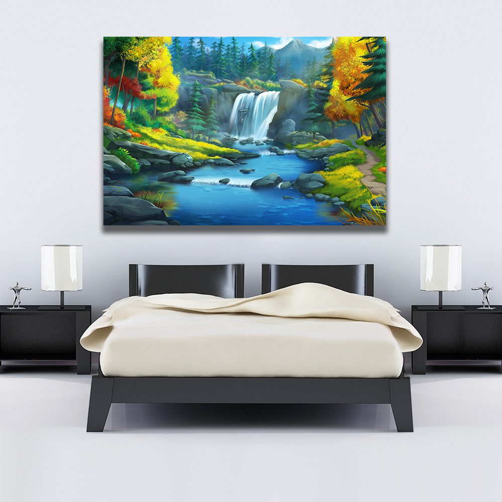 Waterfall Forest Digital Painting Canvas Wall Art - | MyCanvases