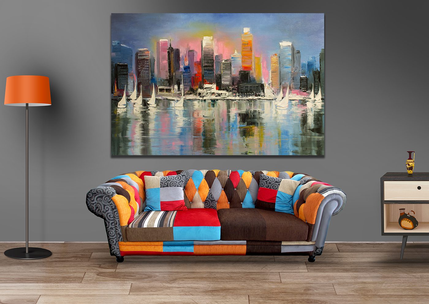 Abstract City Painting Oil Reflections Cityscape Building Canvas Print - Wall Art