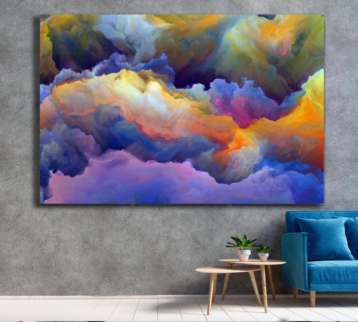 Cloud Abstract Yellow Blue Pink Liquid Marble Canvas Print Wall Art