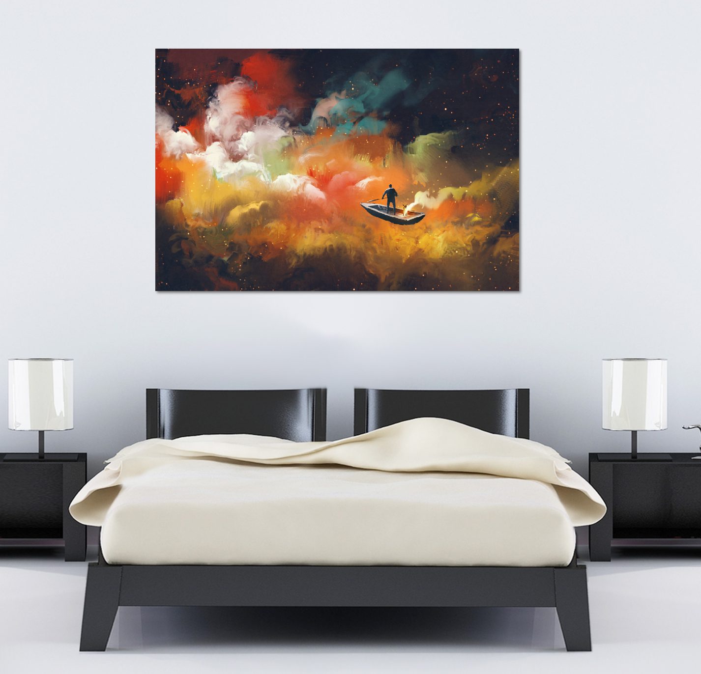 Man On A Boat Colourful Galaxy Colourful Cloud Canvas Print