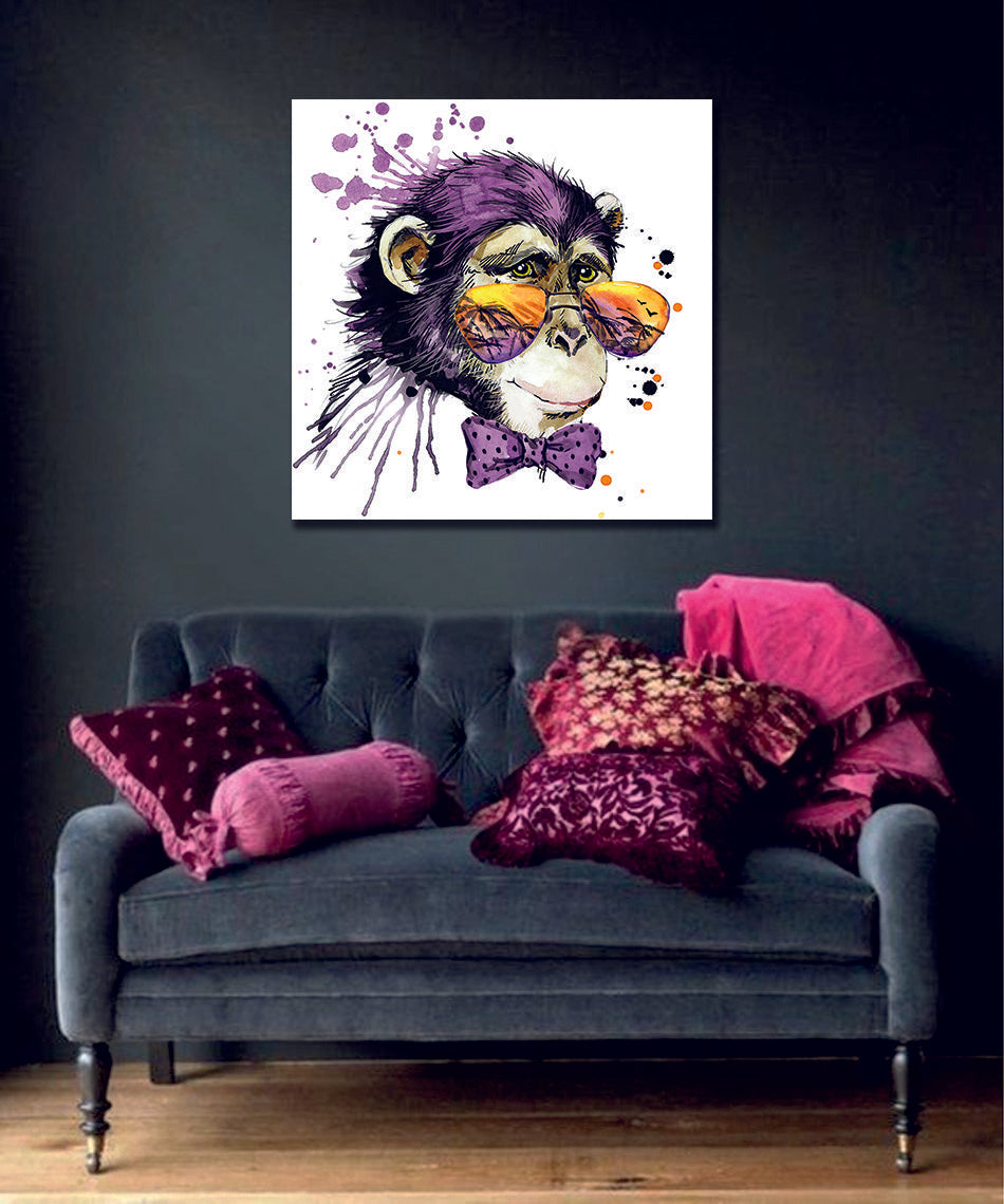 Monkey Chimpanzee Glasses Watercolour Illustration Canvas - Wall Art