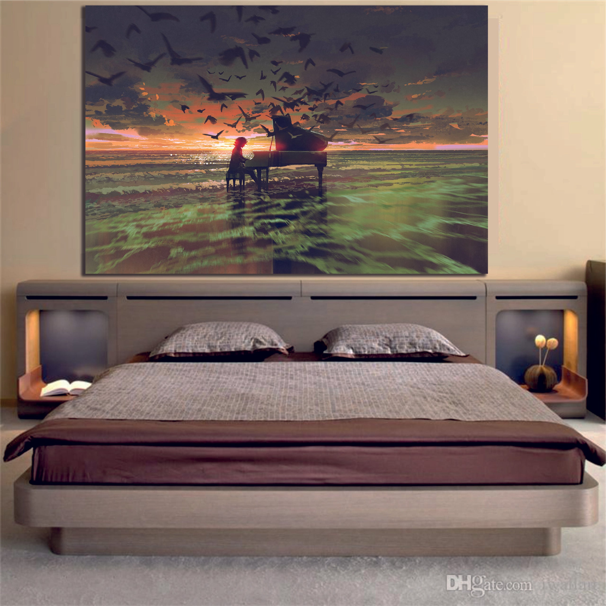 Abstract Art Man Playing Piano Among Flock Of Birds On Beach Sunset Canvas