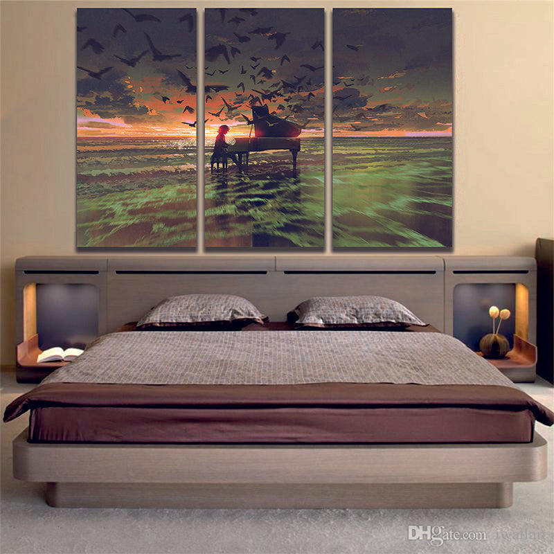Abstract Art Man Playing Piano Among Flock Of Birds On Beach Sunset Canvas