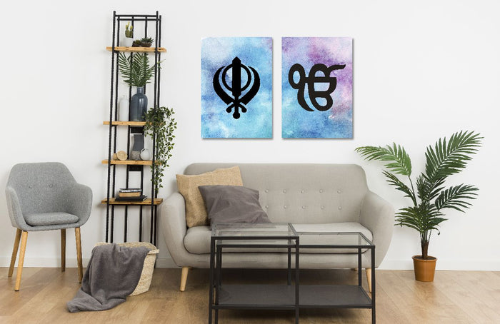 Blue & Pink Watercolour Sikh Khanda Ek Onkar Canvas Print Wall Art