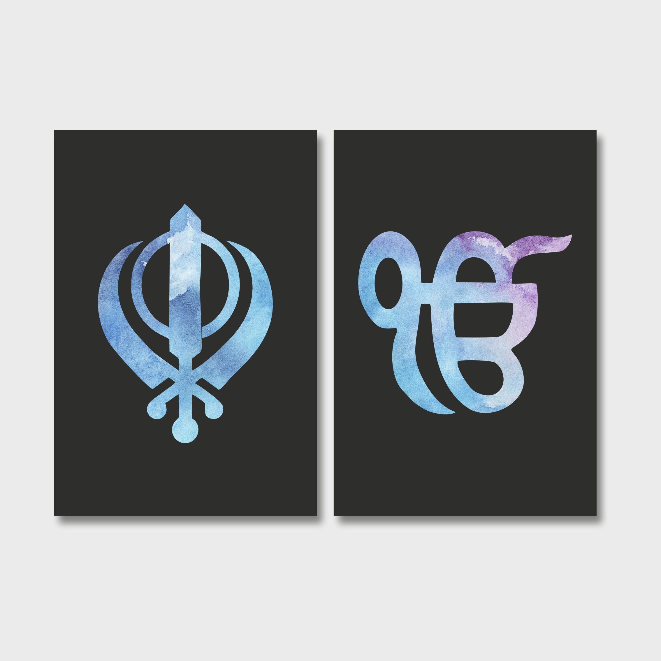 Black Blue & Pink Watercolour Sikh Khanda Ek Onkar Canvas Print Wall Art
